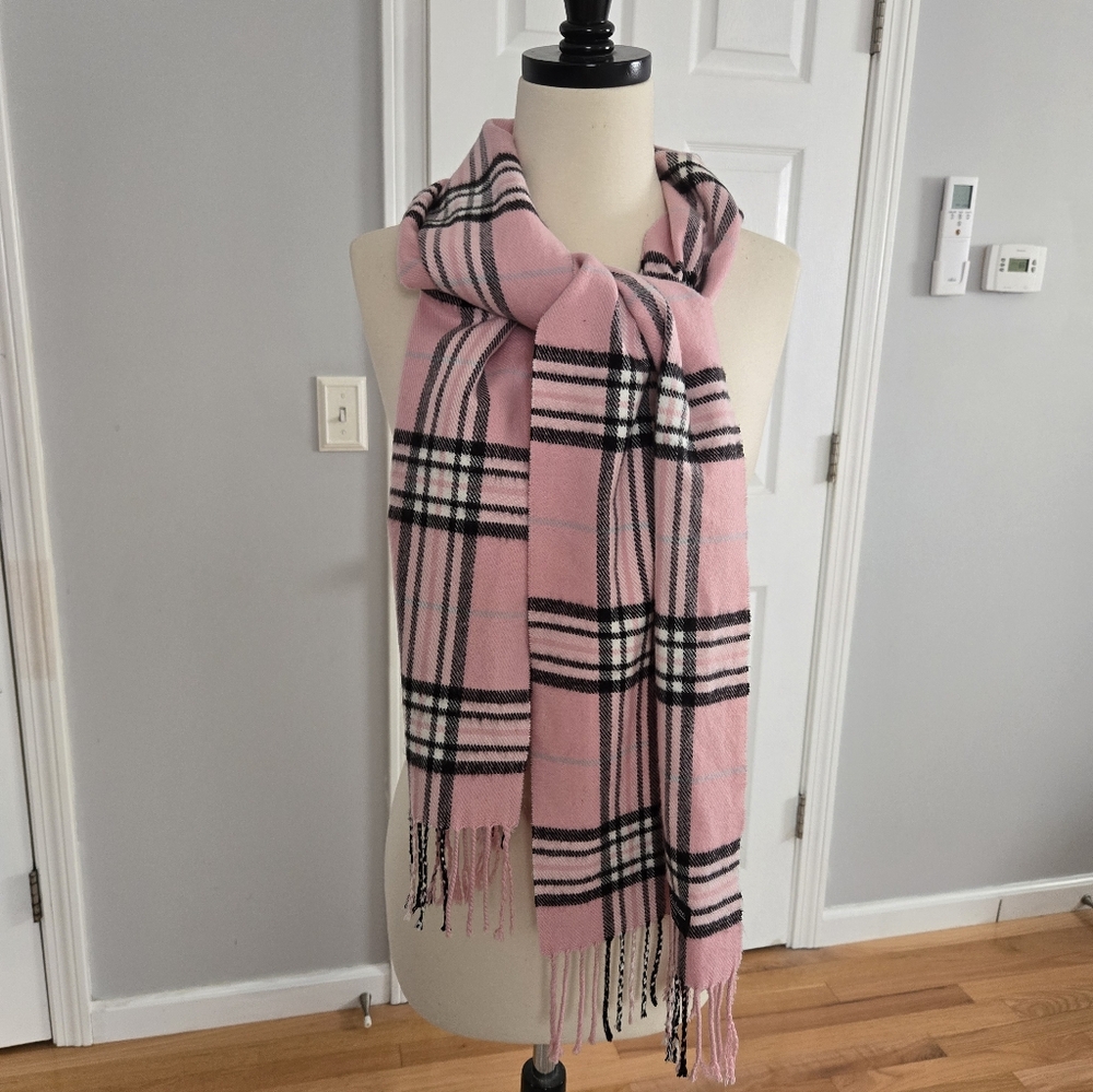 Pink Plaid Fringe Cashmere Scarf